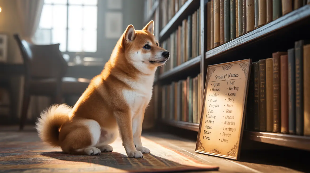 A golden-furred Shiba Inu sitting attentively in a classic library setting with bookshelves in the background