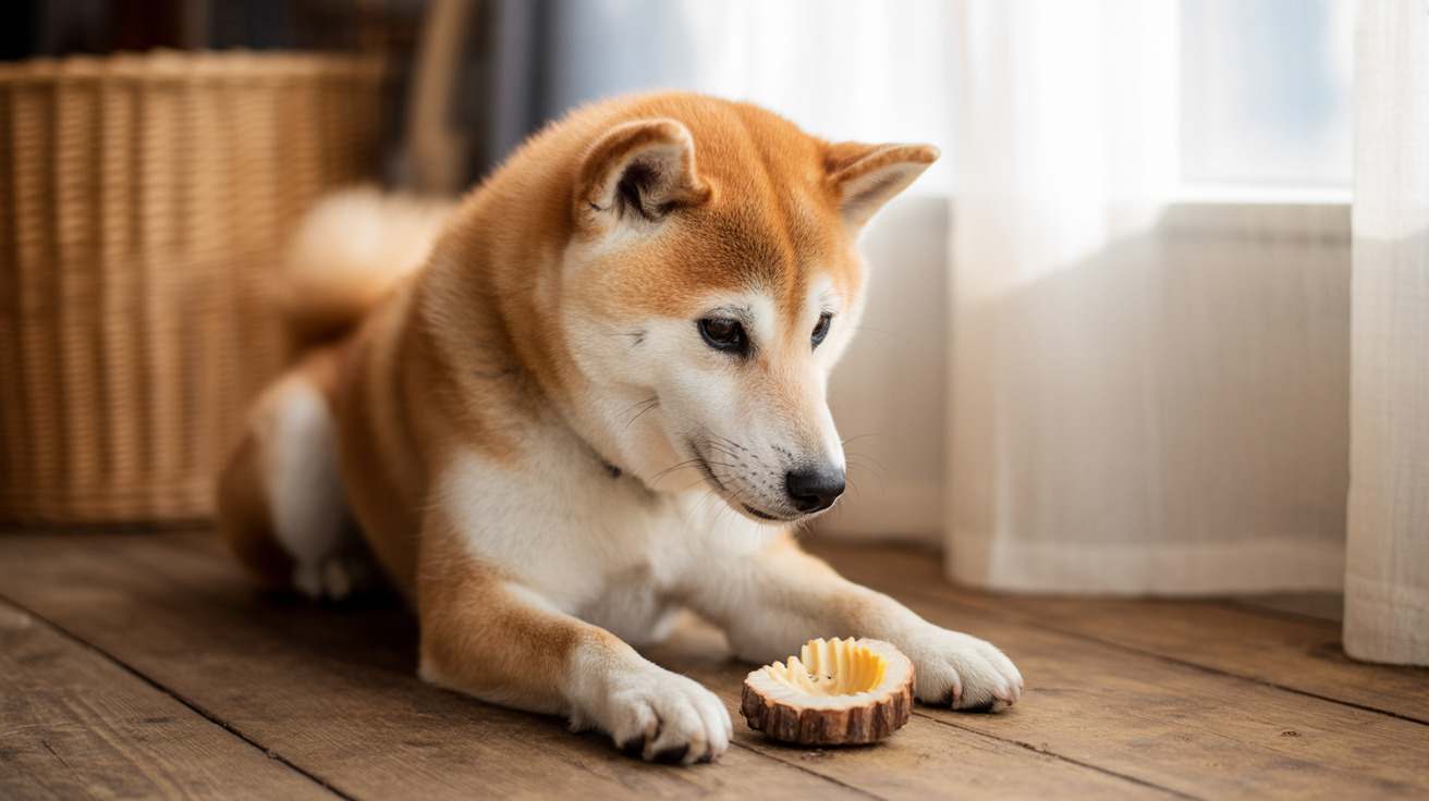 Golden-colored Shiba Inu sitting calmly on wooden floor next to wooden treat holder