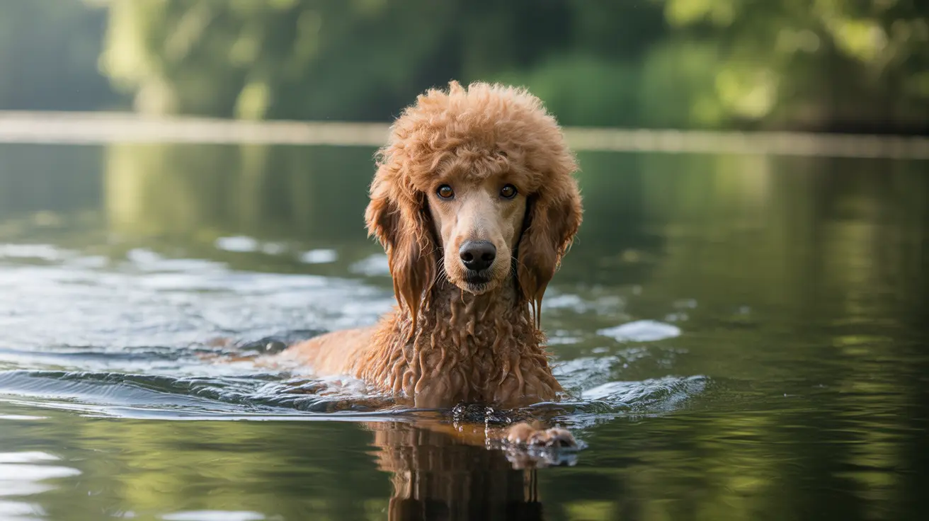 A golden-colored Standard Poodle swimming in a calm, reflective lake surrounded by green foliage