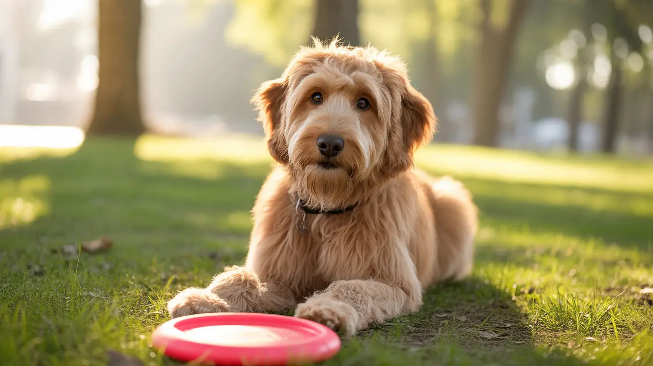 A fluffy Goldendoodle sitting on grass with a red frisbee nearby during golden hour.