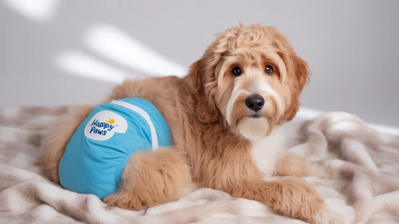 A fluffy Goldendoodle wearing a bright blue 'Happy Paws' medical wrap resting on a soft beige blanket