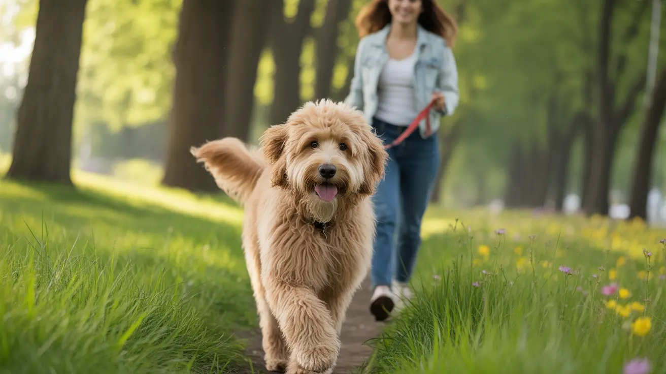 Um Goldendoodle dourado e fofinho caminhando feliz em um caminho gramado com uma pessoa caminhando atrás com uma coleira