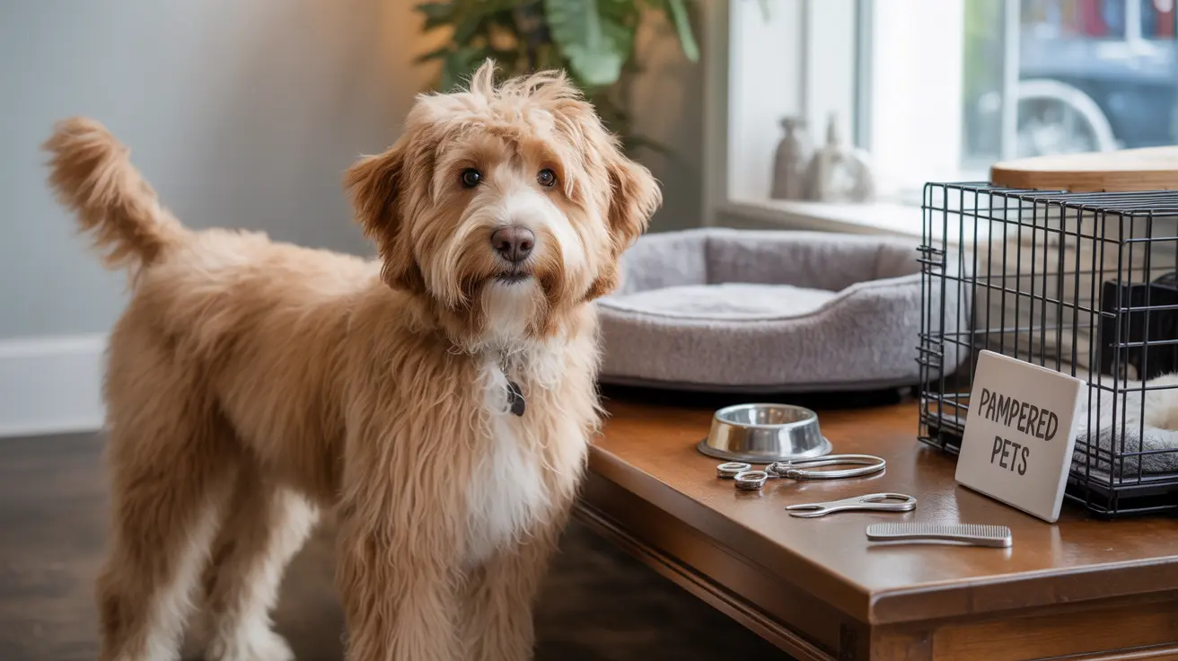 A fluffy Goldendoodle standing in a pet grooming area with various pet care items around.