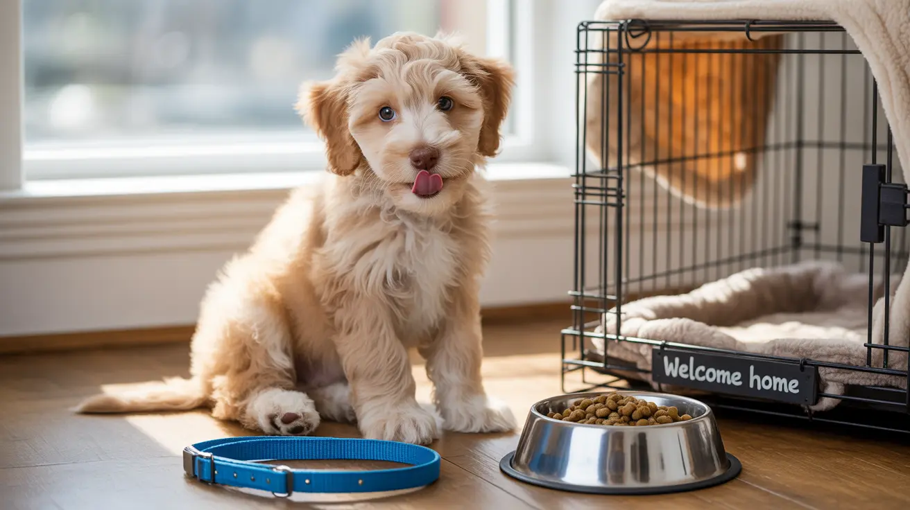 A playful Goldendoodle puppy sitting near its crate and food bowl, with tongue playfully sticking out