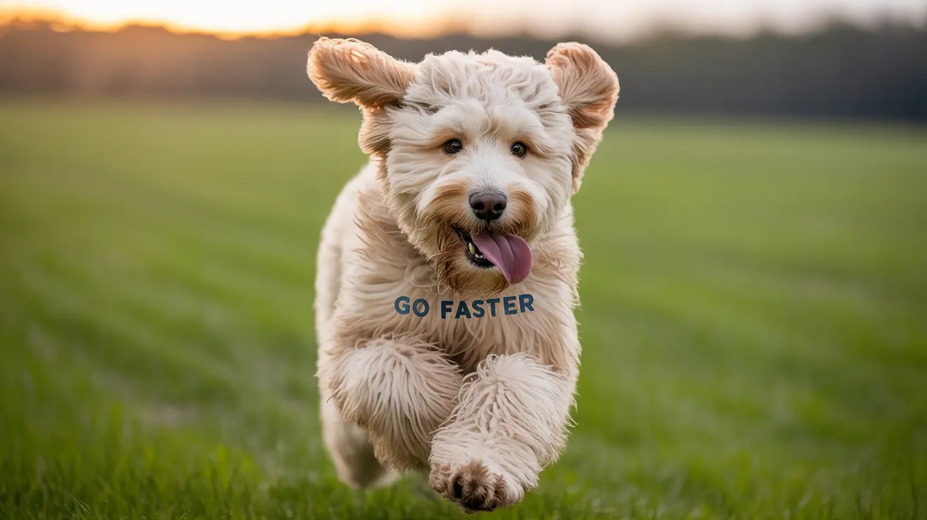 A fluffy white Golden Doodle running through a grassy field at sunset