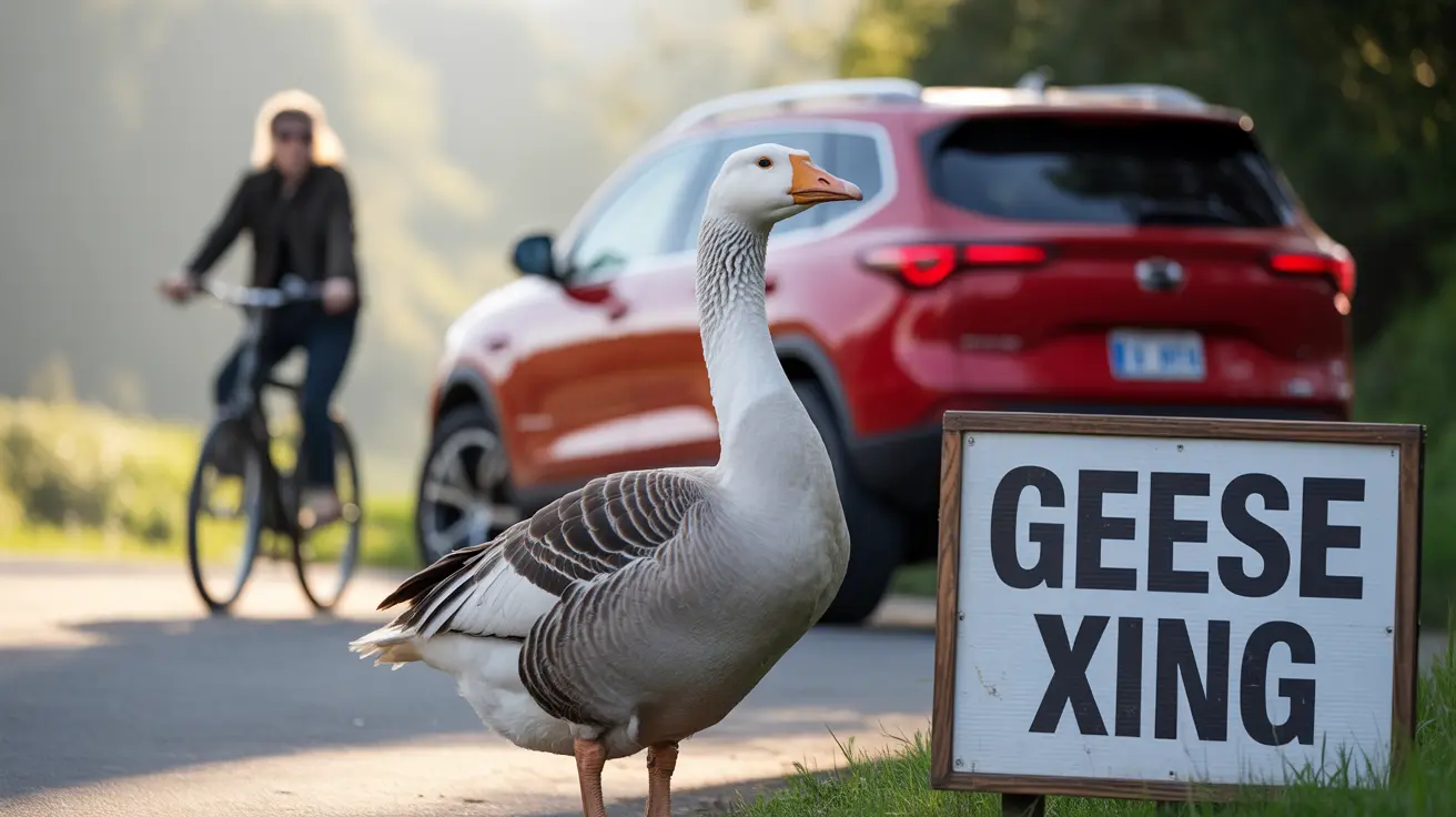 Geese crossing a road near a lakeside area