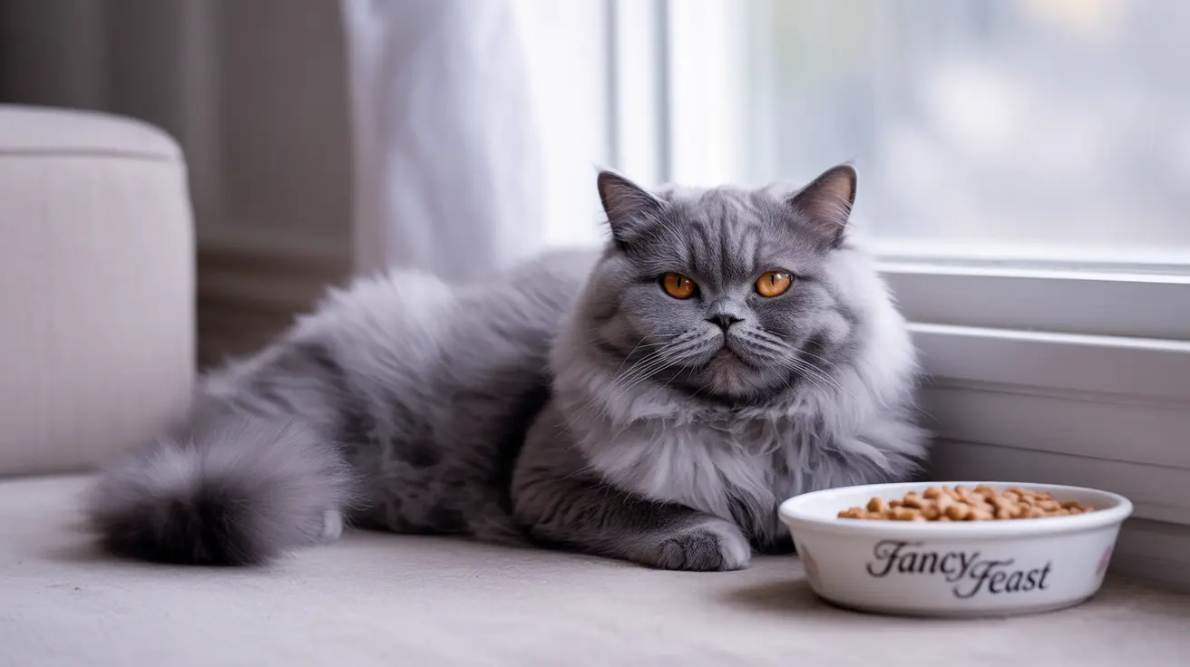 A majestic gray British Longhair cat sitting near a Fancy Feast food bowl by a window