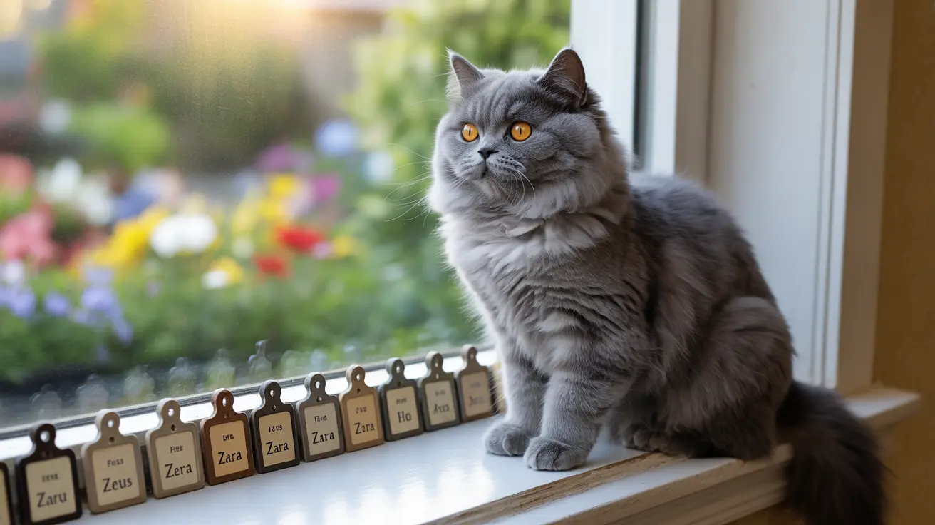 Gray British Longhair cat sitting on a windowsill with colorful flowers