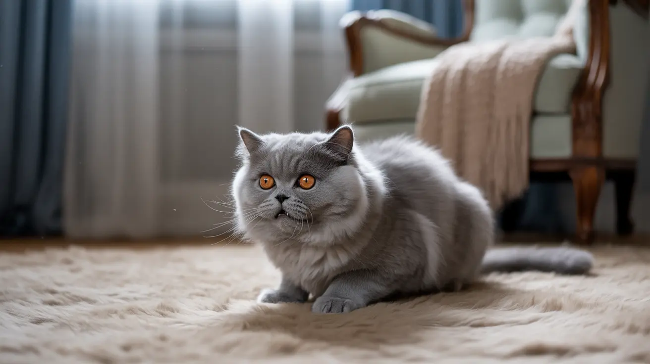 A fluffy gray British Longhair cat with striking orange eyes on a beige rug
