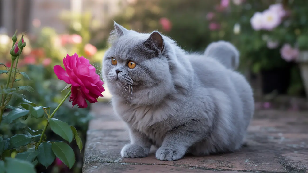 A fluffy gray British Longhair cat sitting elegantly next to a vibrant pink rose in a garden setting