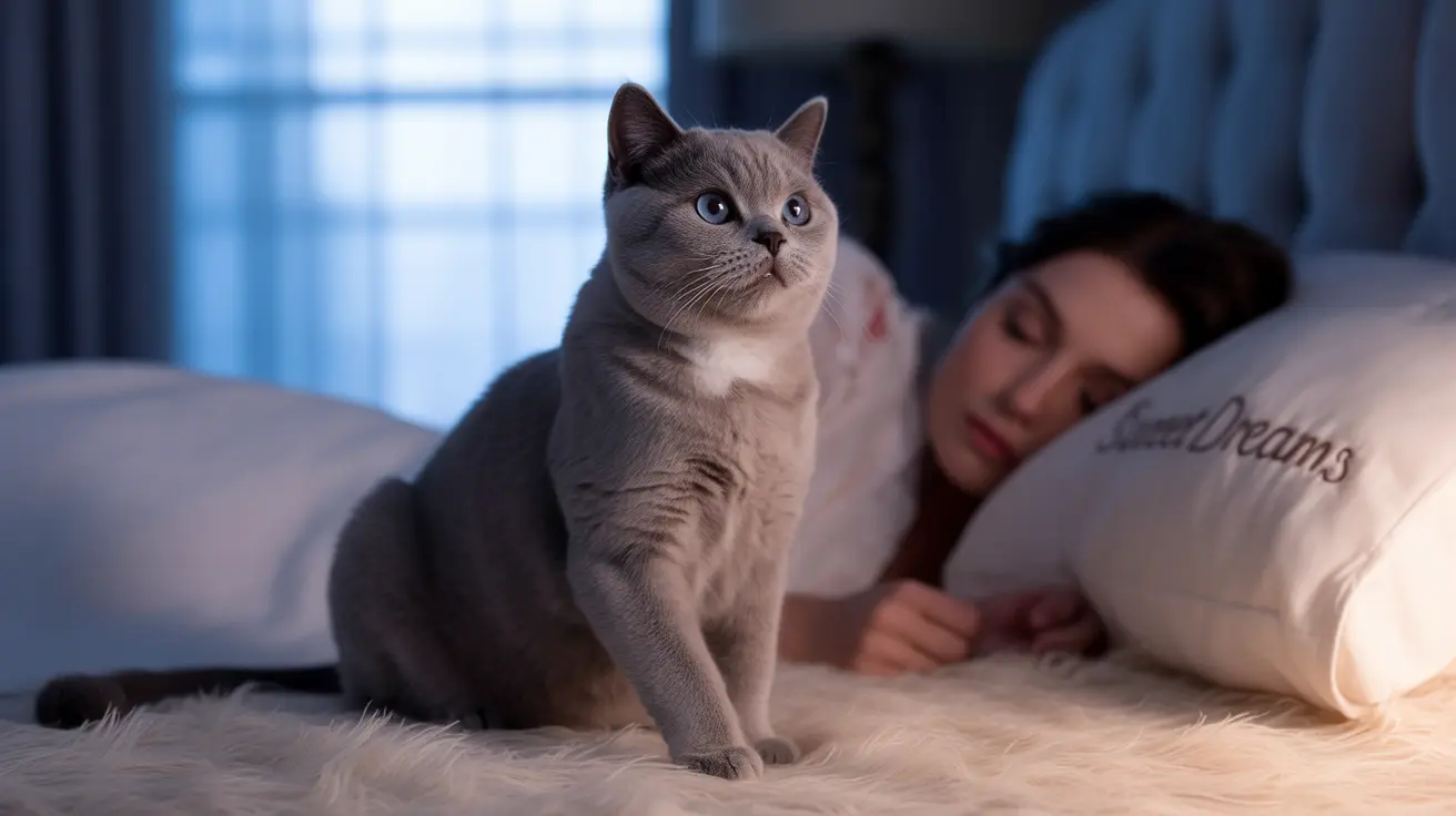 Gray British Shorthair cat on white furry rug near sleeping person