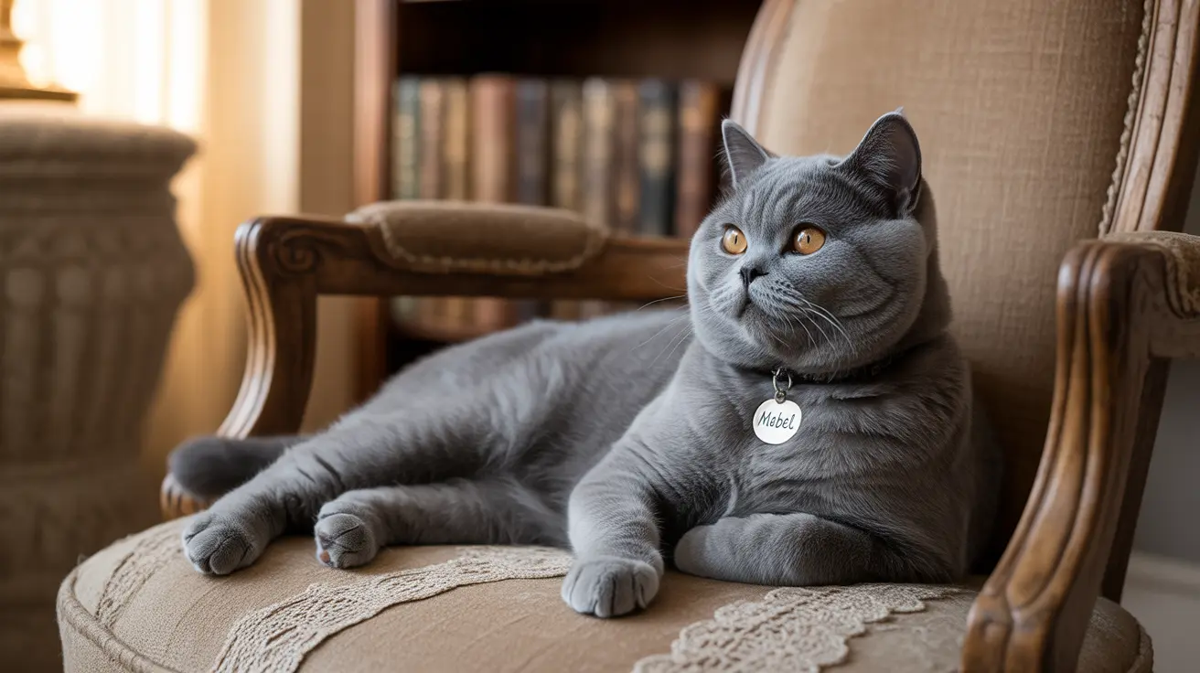 A gray British Shorthair cat wearing a name tag lounging elegantly on an antique upholstered chair.