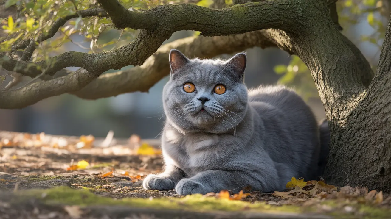 A gray British Shorthair cat sitting alertly under a tree branch in an autumn setting