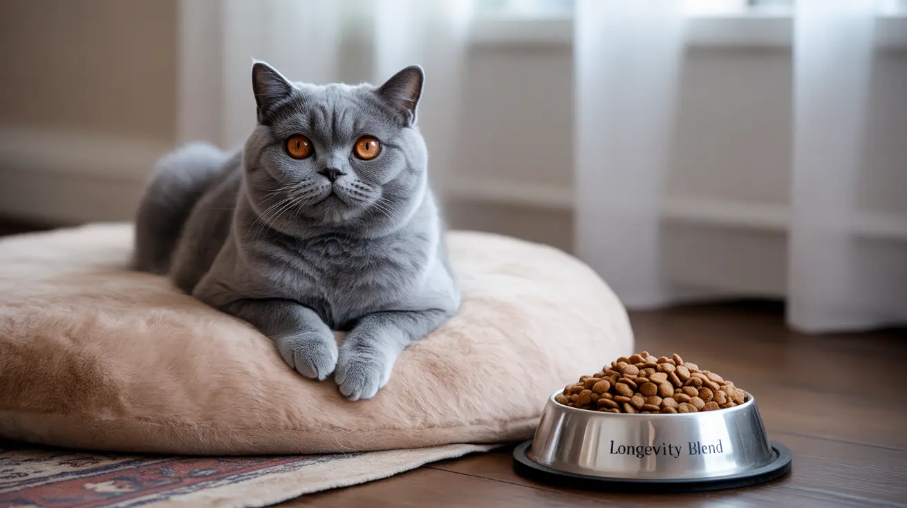Gray British Shorthair cat with striking orange eyes resting on a beige cushion near a bowl of cat food