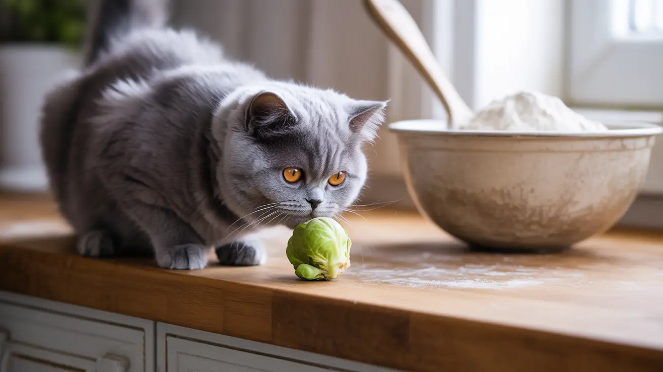 A gray British Shorthair cat sitting on a wooden kitchen counter, curiously examining a green Brussels sprout