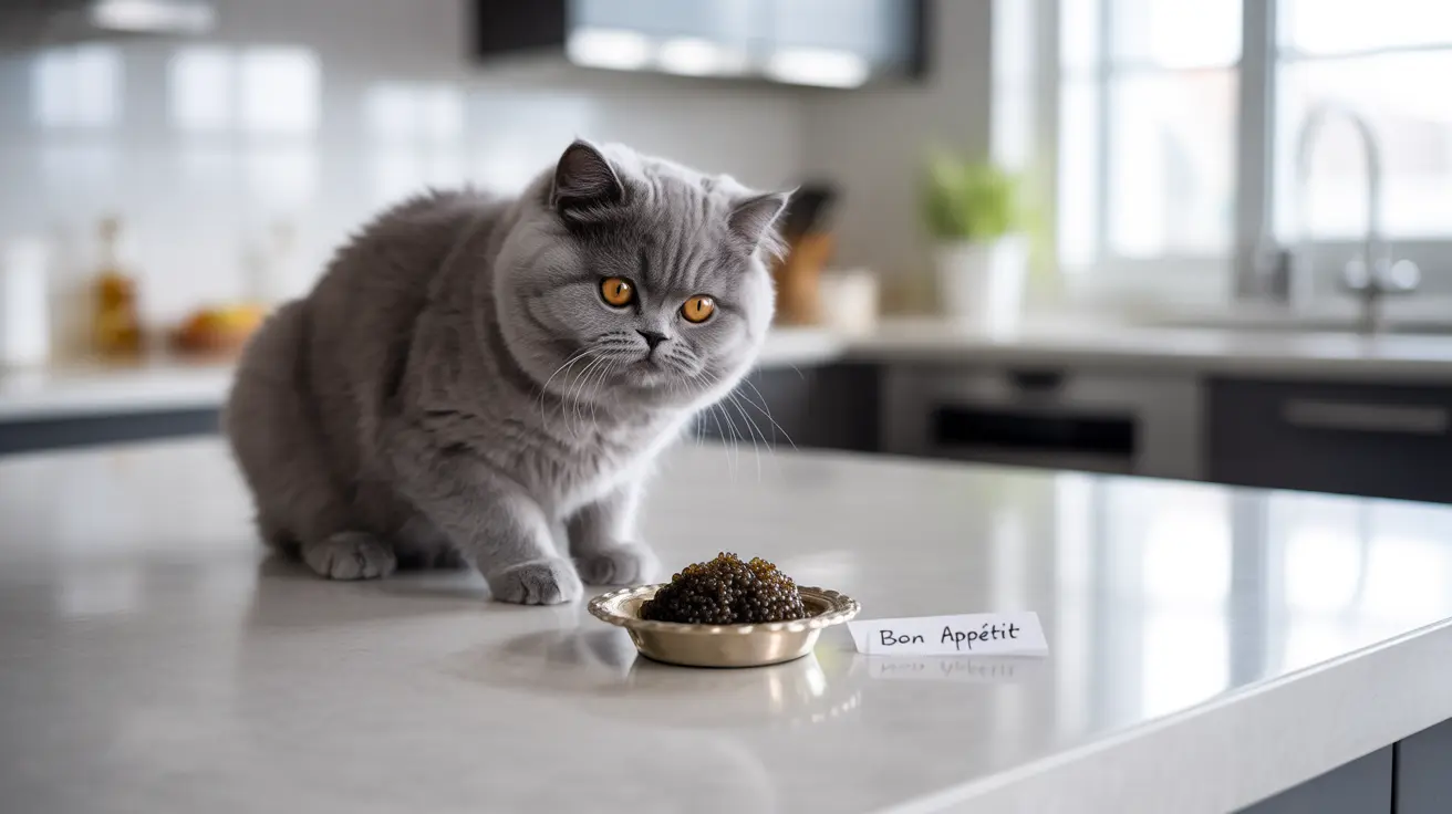 A gray British Shorthair cat sitting next to a dish of caviar on a kitchen countertop