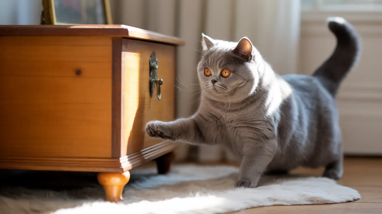 A gray British Shorthair cat with striking orange eyes reaching out towards a wooden cabinet