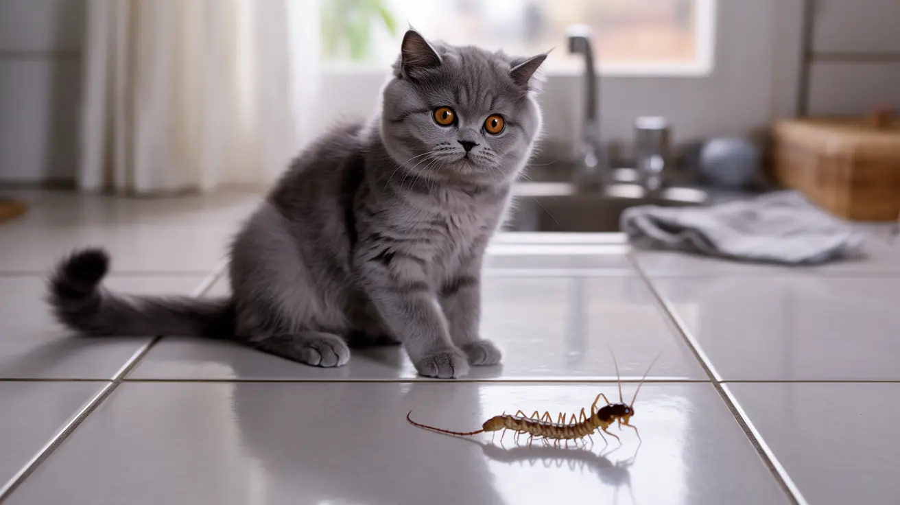 A gray British Shorthair cat staring intently at a centipede on a tiled kitchen floor