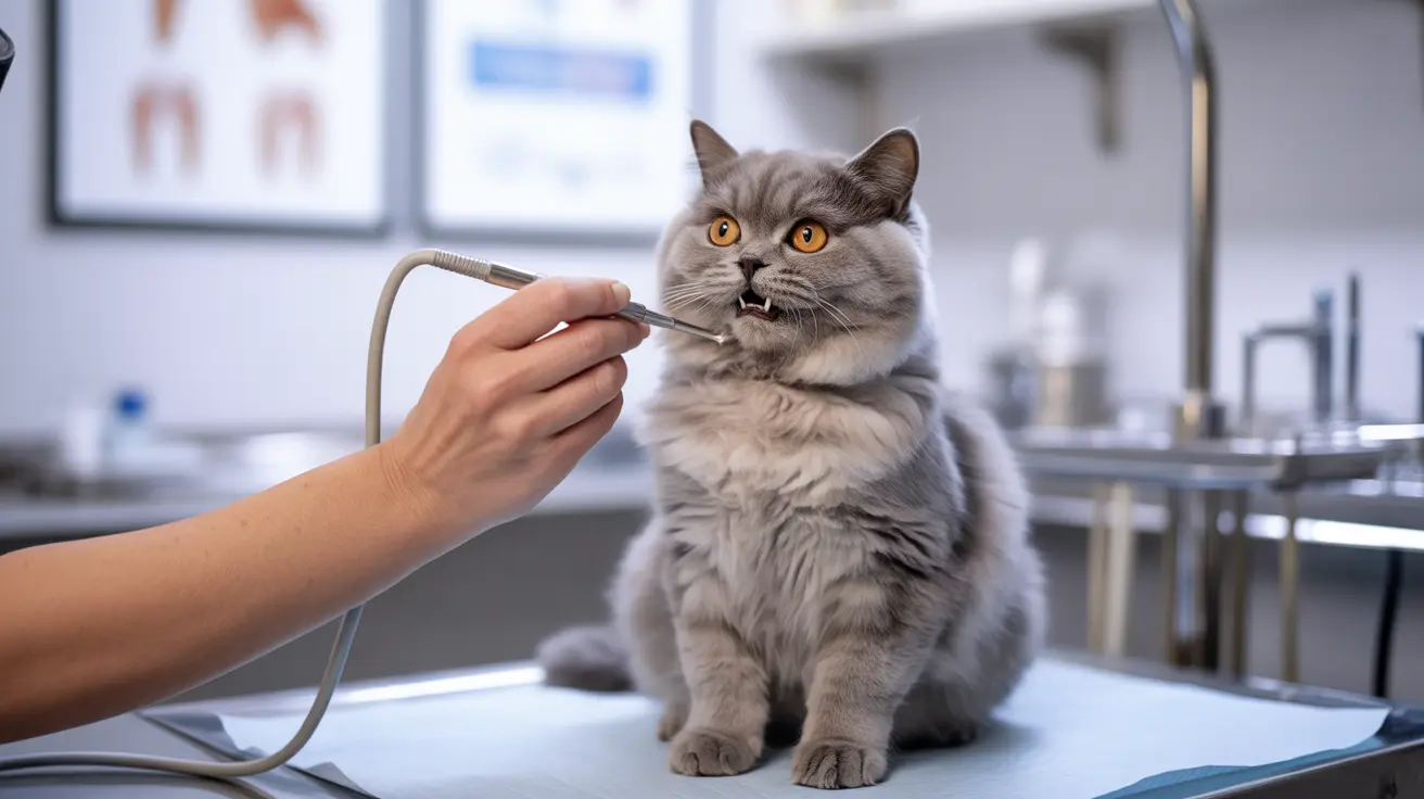 Fluffy gray British Shorthair cat receiving dental examination at veterinary clinic
