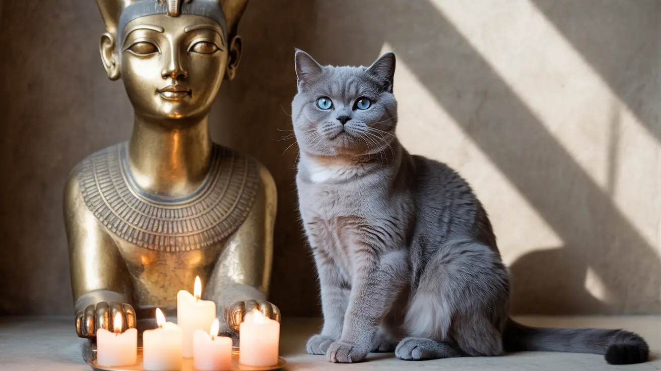 Gray British Shorthair cat beside an Egyptian bust statue with candles