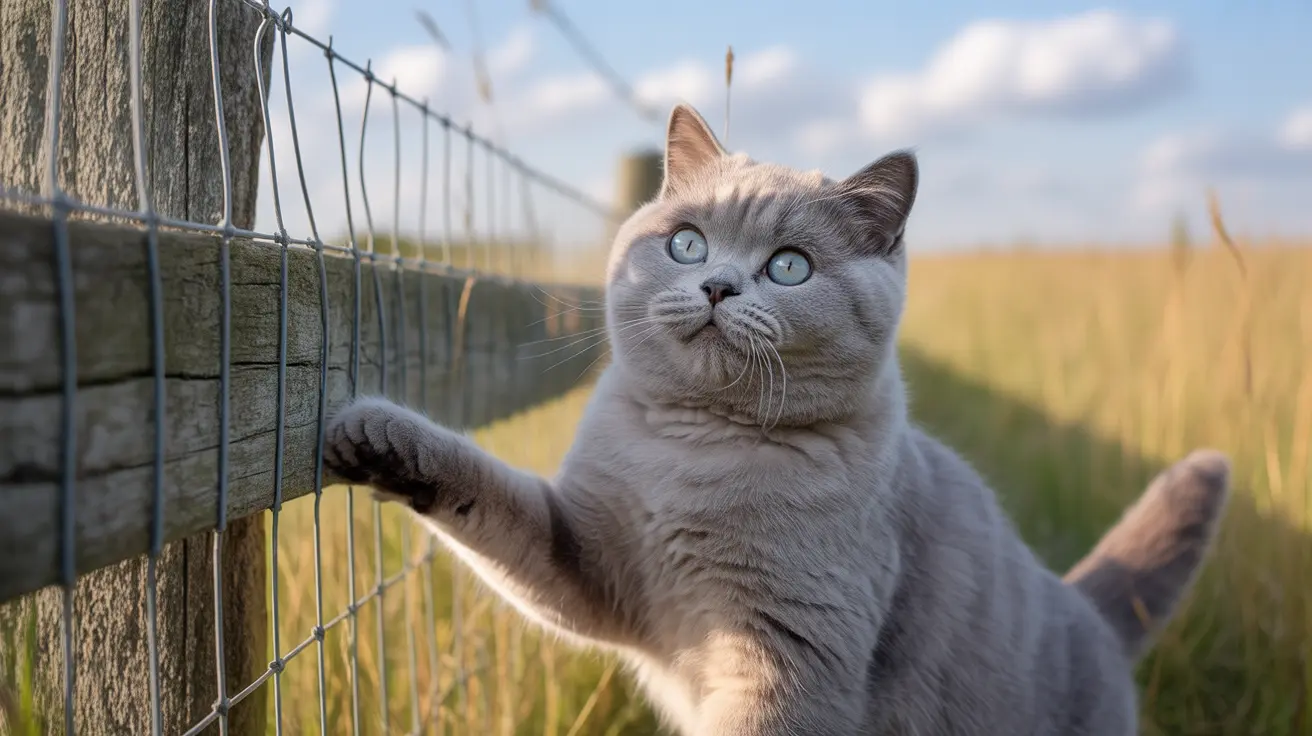 A gray British Shorthair cat leaning against a wire fence outdoors