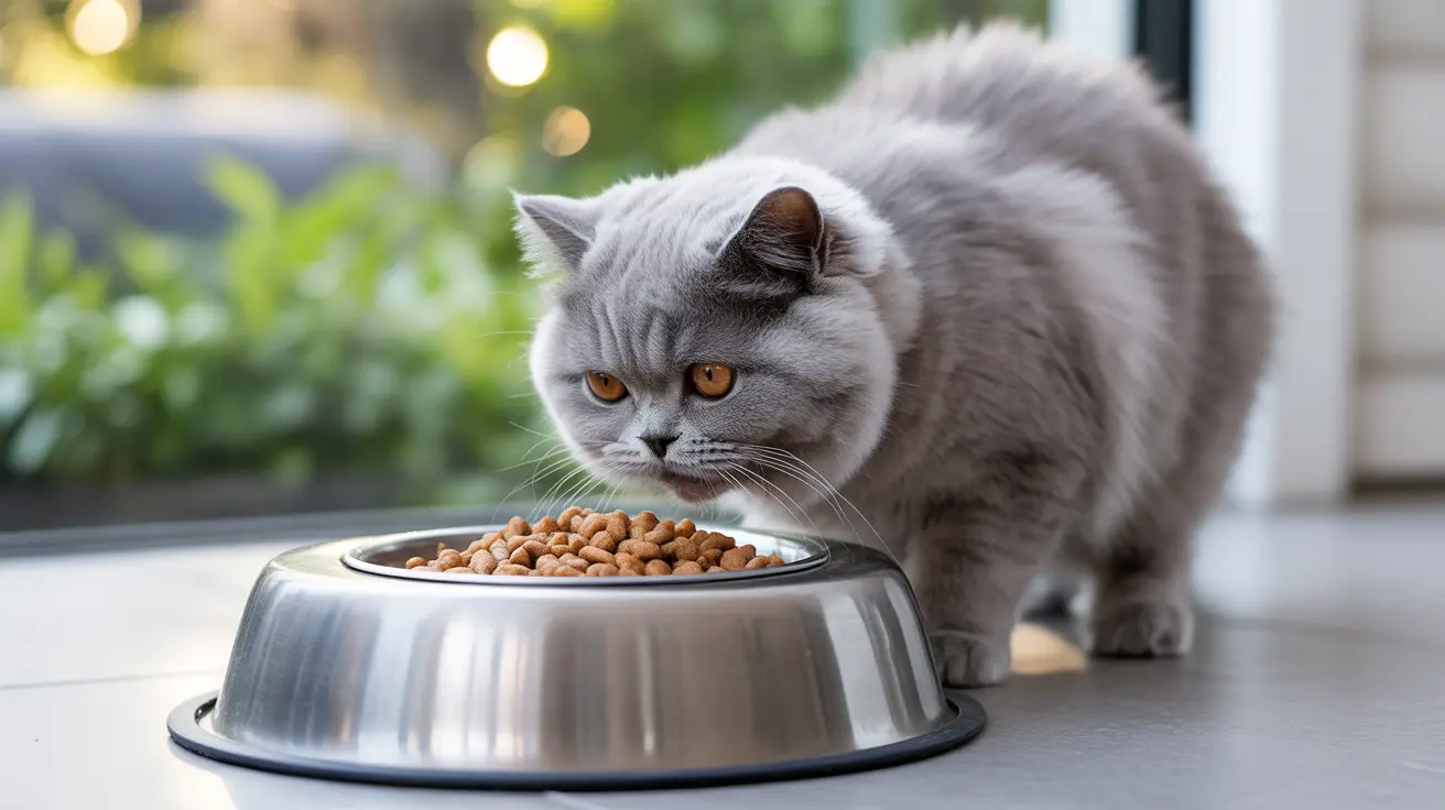 Gray British Shorthair cat standing beside a full bowl of dry cat food