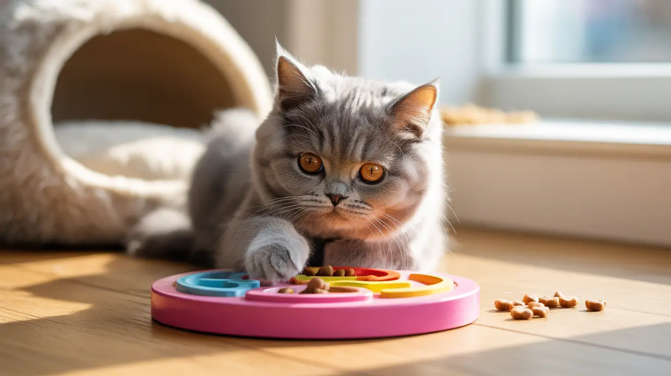 灰色のブリティッシュショートヘアの猫がカラフルな知育フードパズルトイで遊んでいる様子