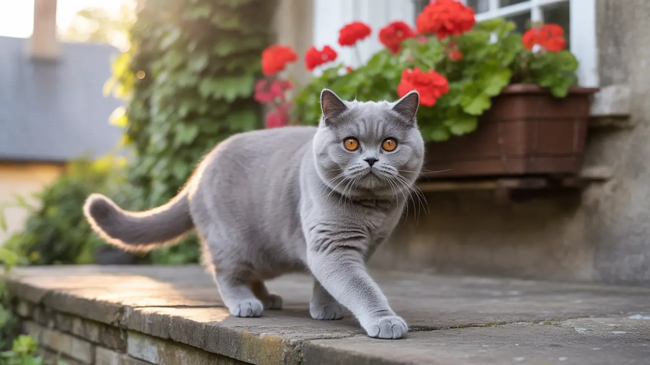 A gray British Shorthair cat standing on a stone surface with bright red geraniums in the background