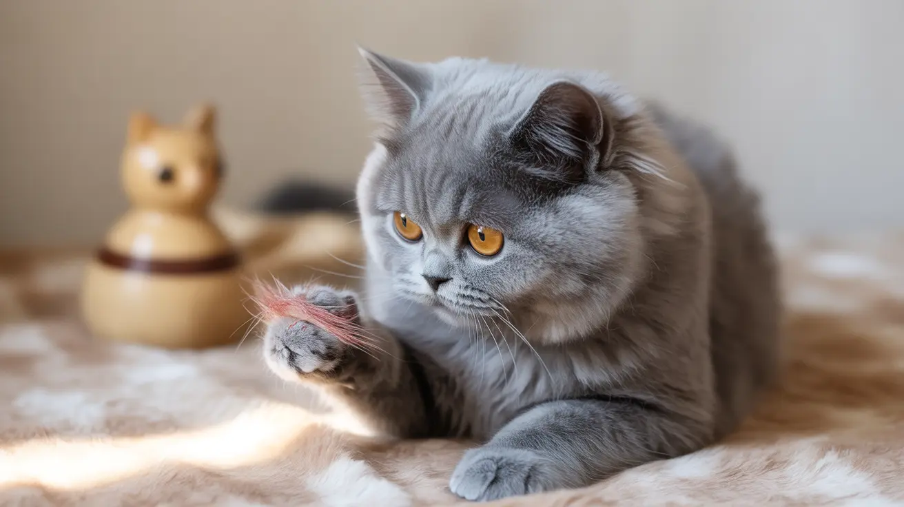 Gray British Shorthair cat with golden eyes sitting on a soft light-colored surface, looking contemplative
