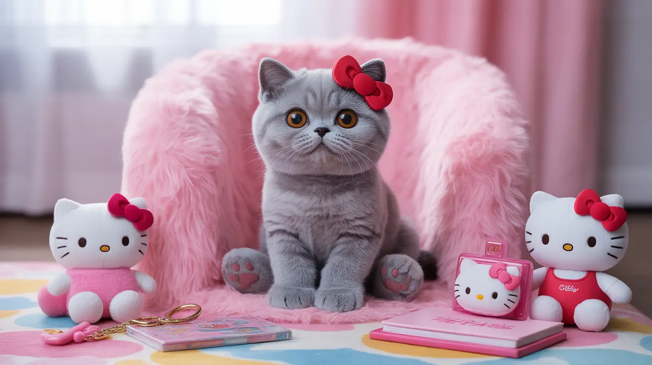 Gray British Shorthair cat wearing a red Hello Kitty bow sitting on a pink fluffy surface with Hello Kitty themed accessories