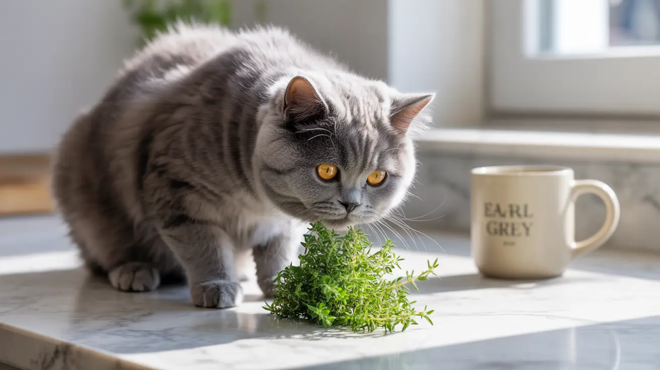 Gato británico de pelo corto gris sentado junto a una planta de hierbas verdes con una taza de té Earl Grey al fondo