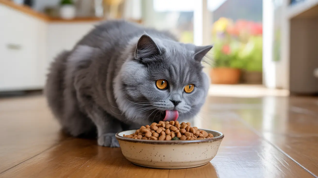 A gray British Shorthair cat licking its lips next to a bowl of dry cat food