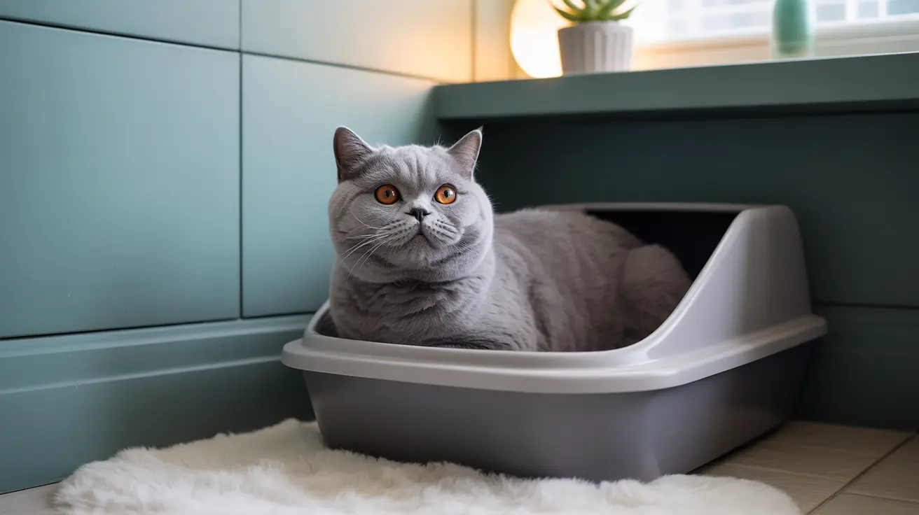 Gray British Shorthair cat sitting calmly in a litter box with a regal expression