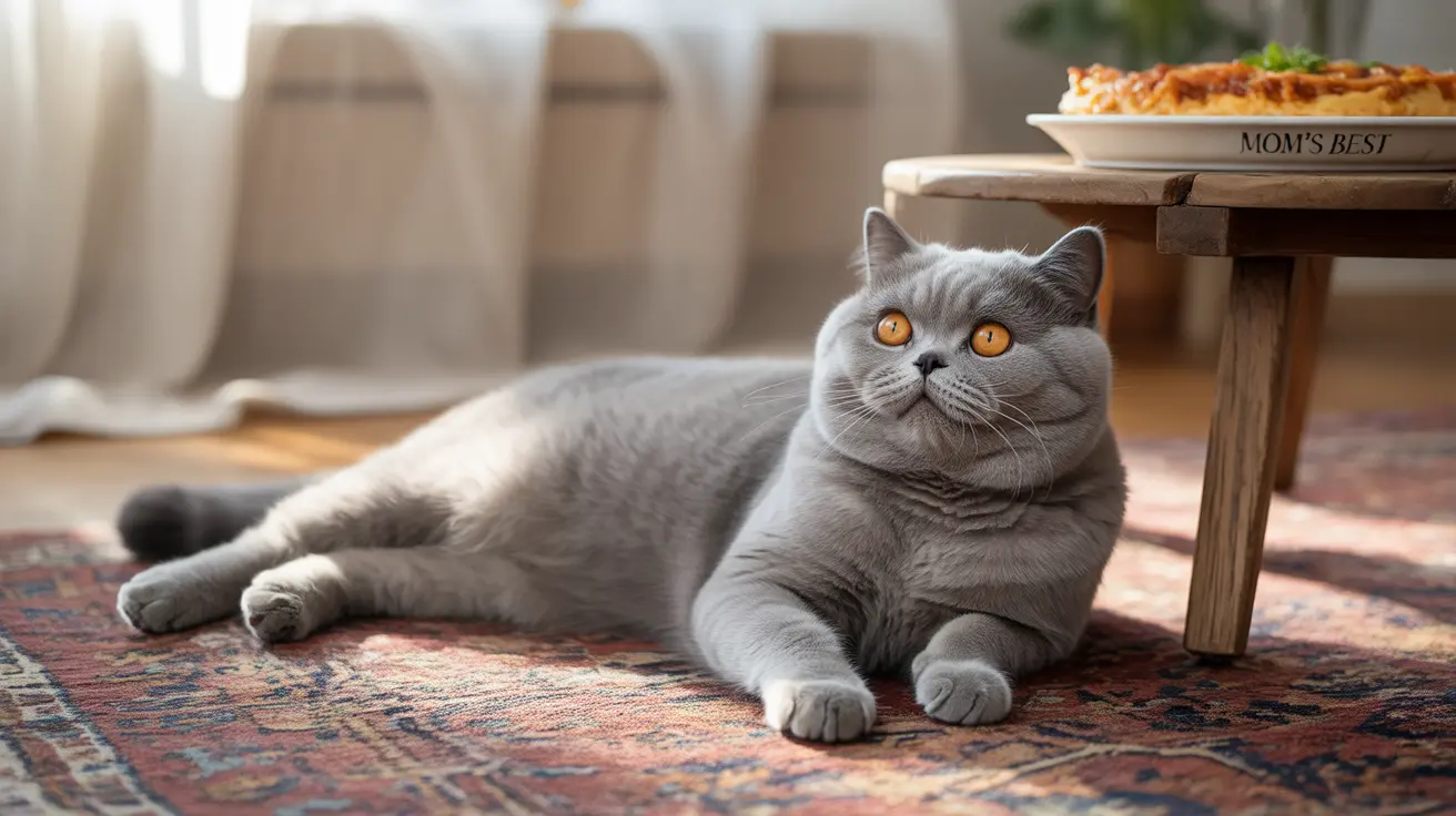 A gray British Shorthair cat lounging on a patterned rug near a small wooden table with a dish labeled 'Mom's Best'
