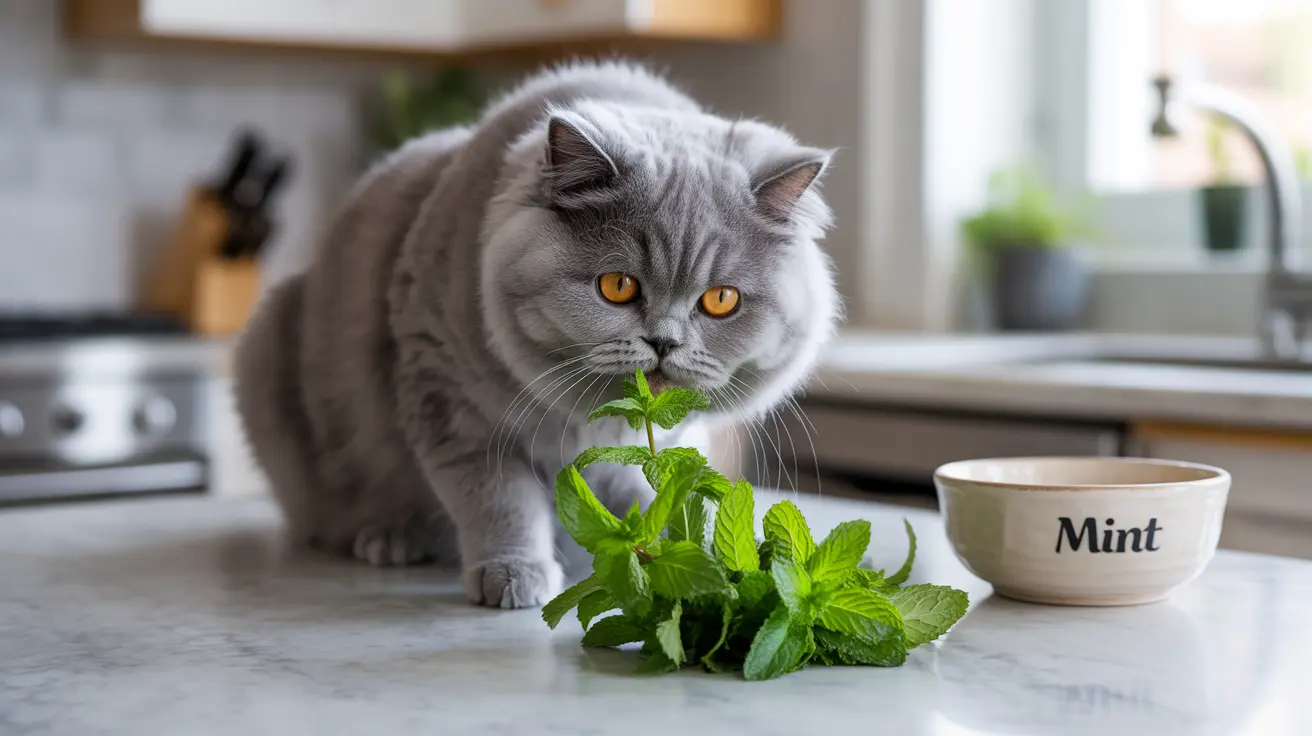 A gray British Shorthair cat curiously investigating fresh mint leaves on a kitchen counter