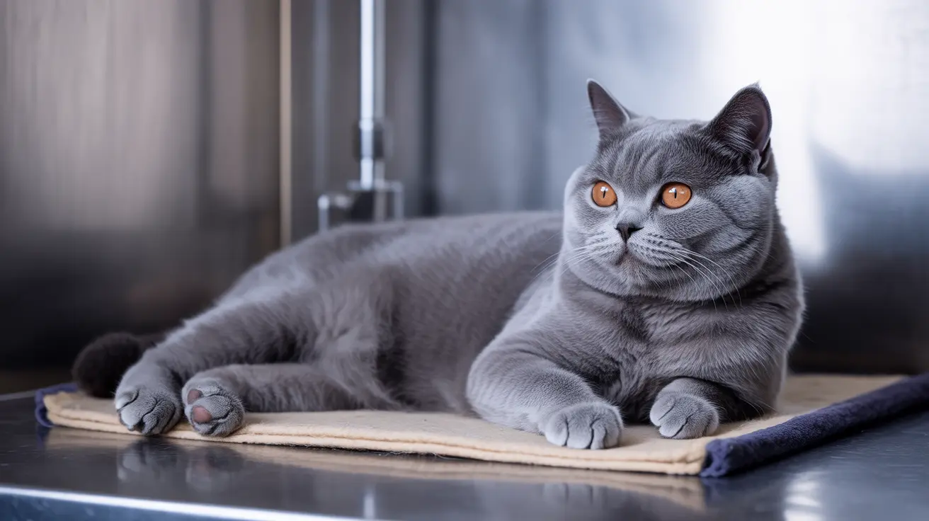 Gray British Shorthair cat with orange eyes resting on a beige towel