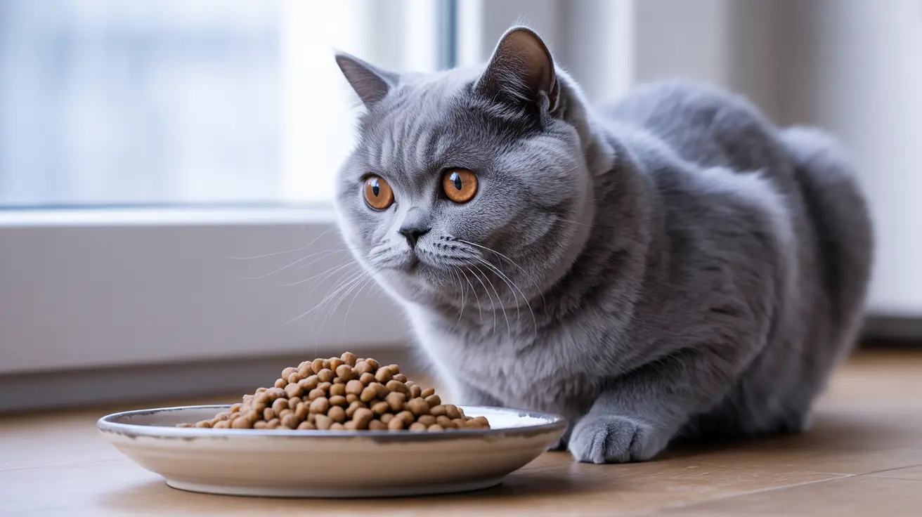 Gray British Shorthair cat with orange eyes sitting by a bowl of dry cat food on wooden floor near a window