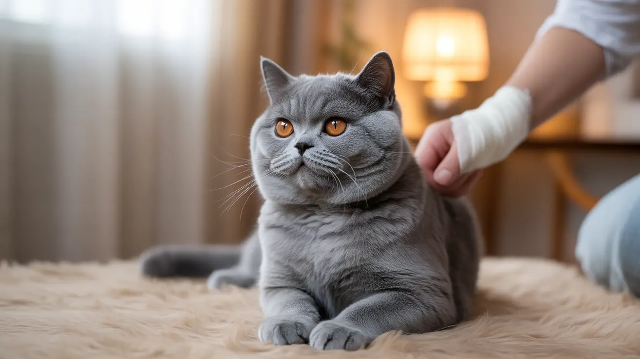 Gray British Shorthair cat with orange eyes being gently petted on soft surface