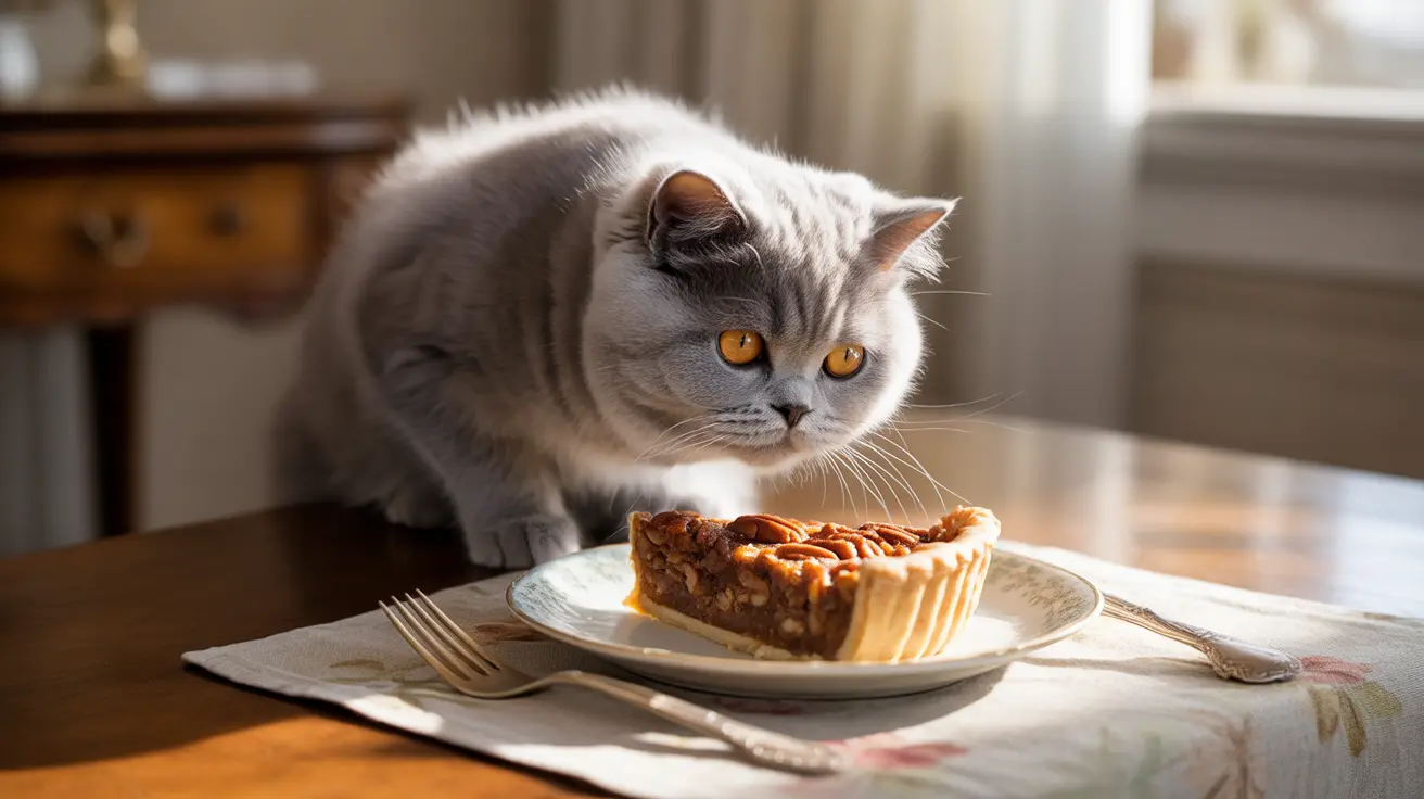 A gray British Shorthair cat intently staring at a slice of pecan pie on a decorative plate