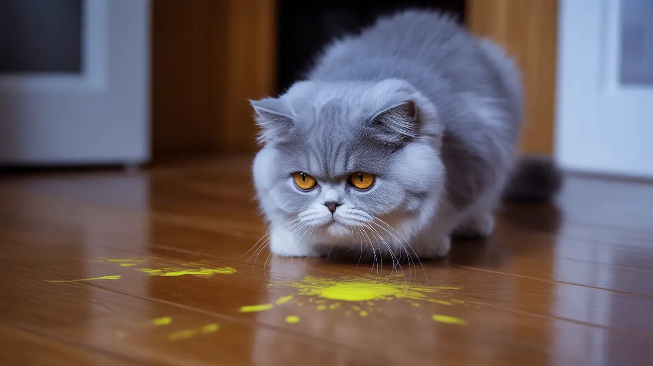 灰色のブリティッシュショートヘアの猫が、木製の床にある黄色い液体のしみに不機嫌そうに近づいて座っている様子