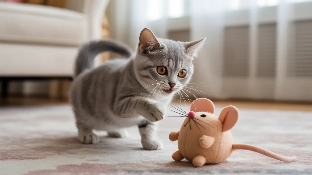 A gray British Shorthair cat playing with a soft toy mouse on a carpet inside a home