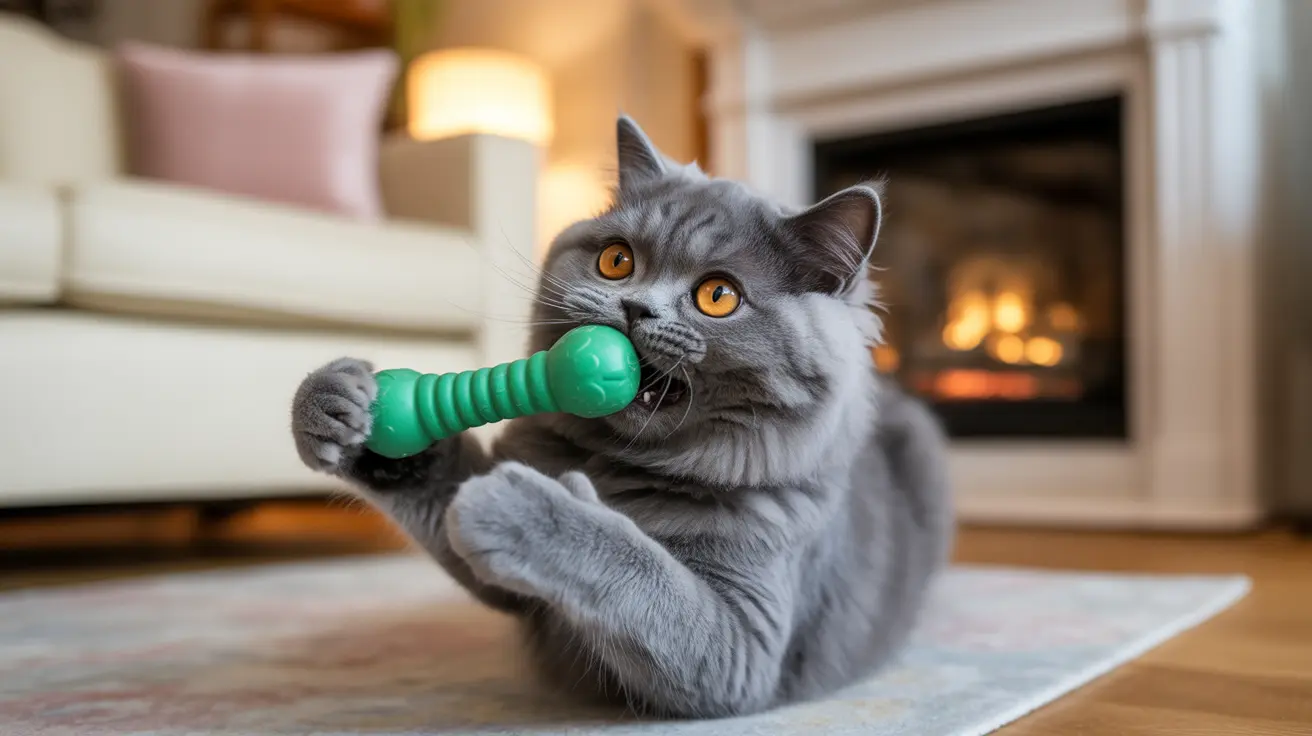 Un chat British Shorthair gris jouant avec un jouet vert en étant assis sur un tapis près d'une cheminée