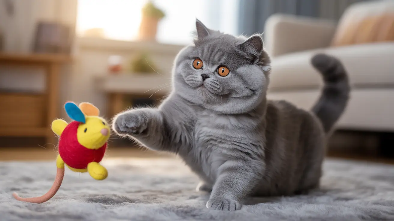 Gray British Shorthair cat playing with a colorful toy mouse on a soft gray carpet in a bright living room