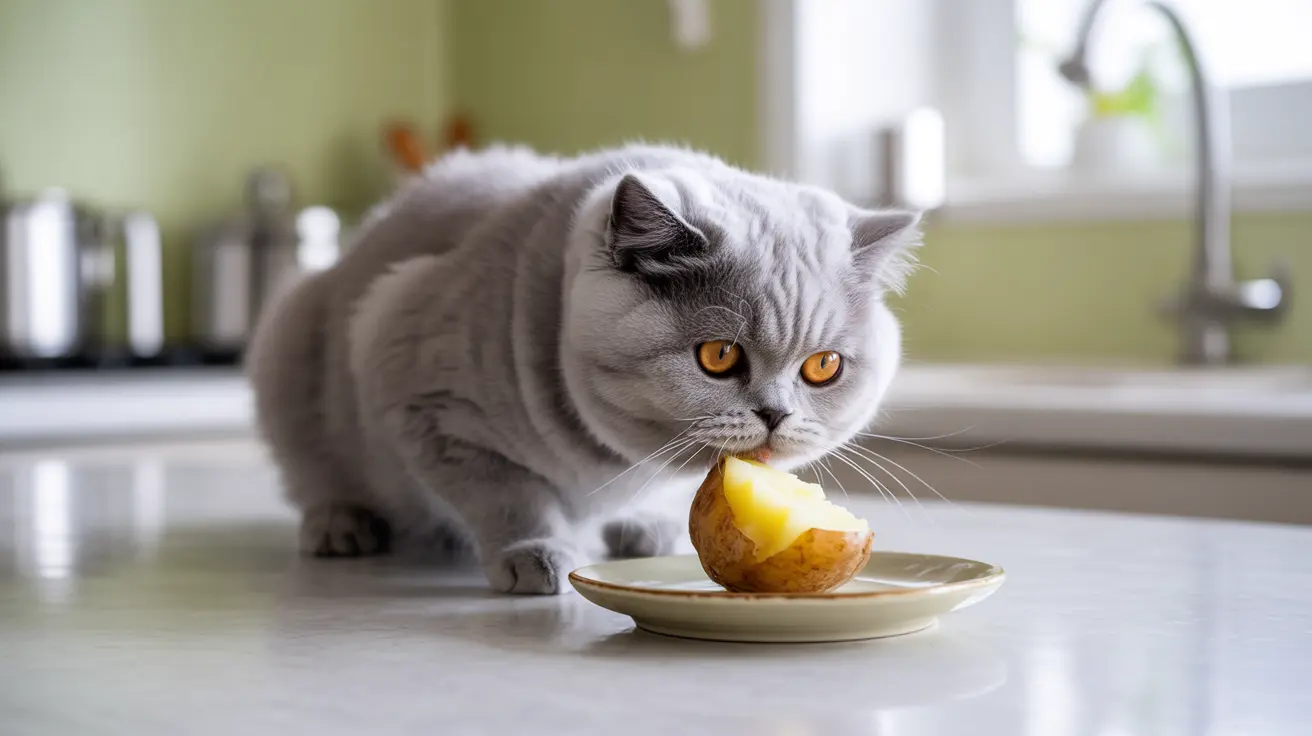A gray British Shorthair cat curiously examining a partially eaten potato on a plate in a kitchen