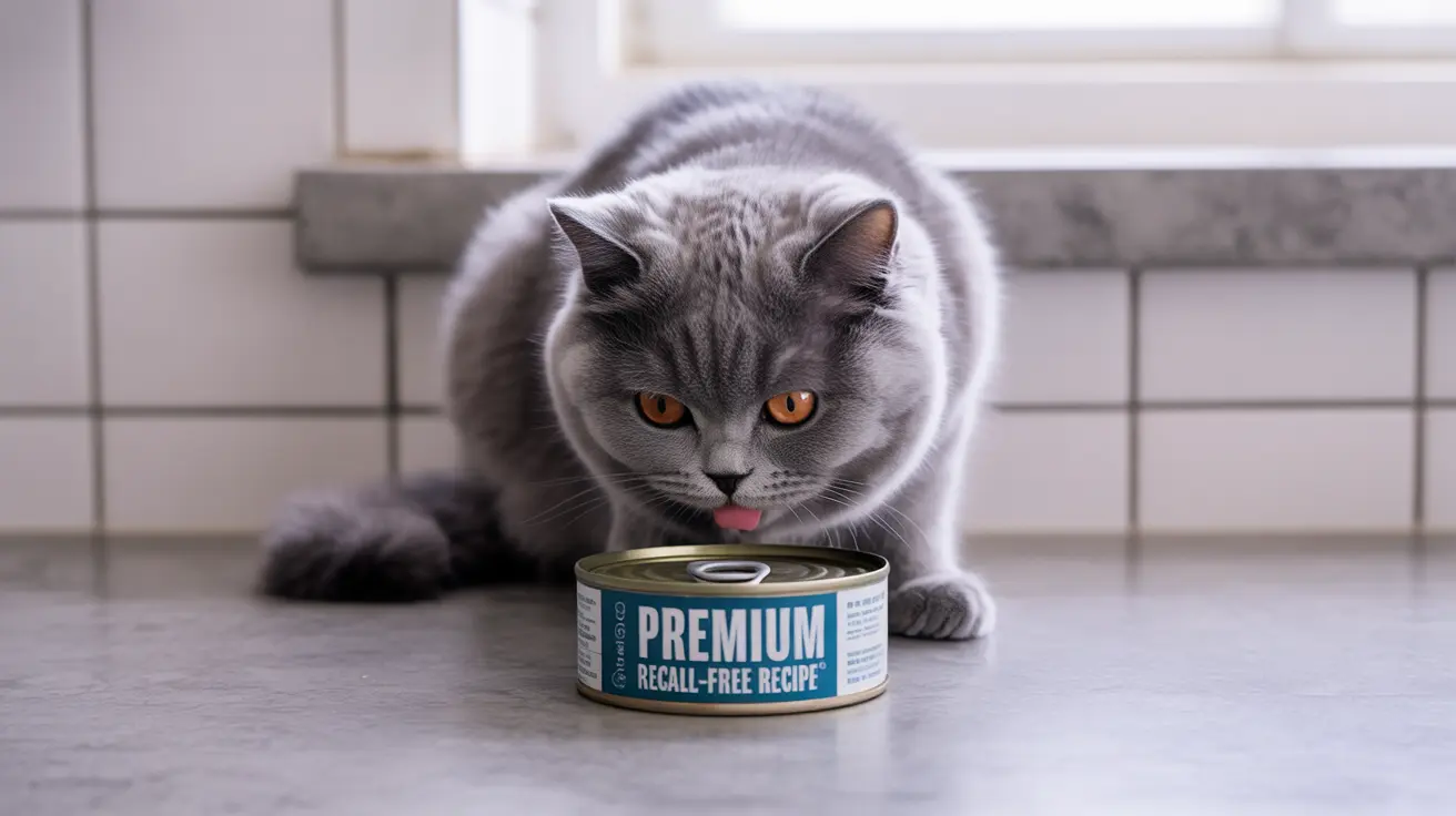 Gray British Shorthair cat with orange eyes eating from a canned cat food tin