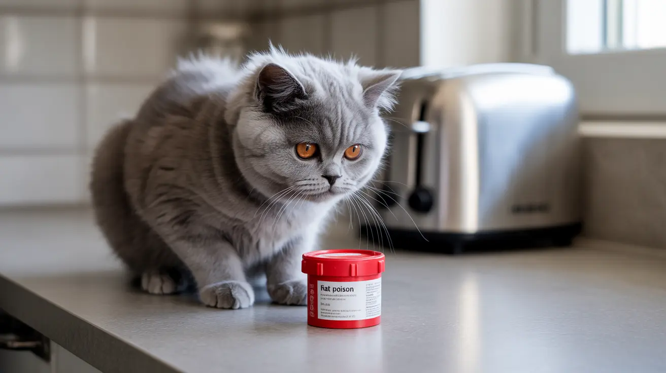 A gray British Shorthair cat sitting near a red container labeled 'Rat poison' on a kitchen countertop