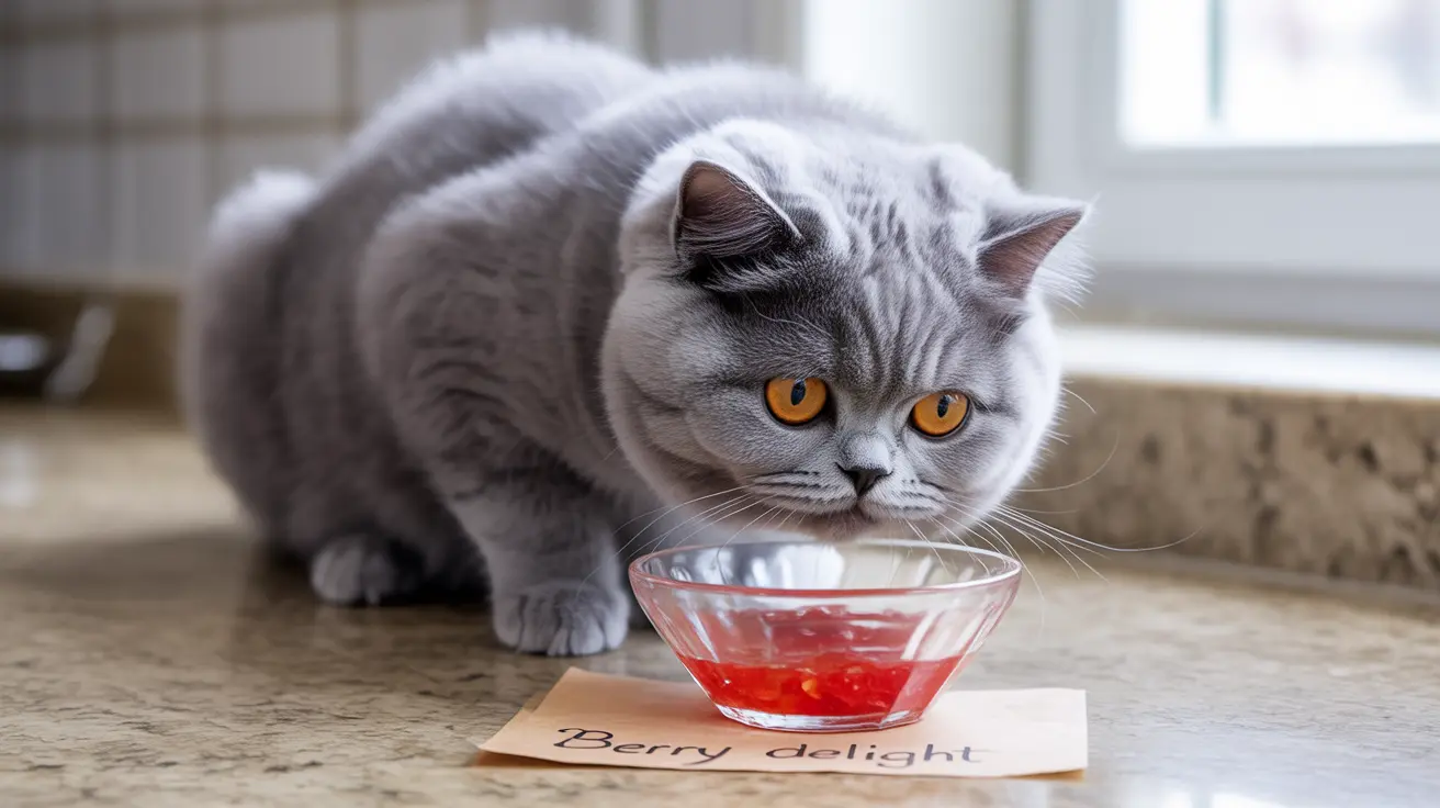 A gray British Shorthair cat sitting near a small glass bowl filled with red berries