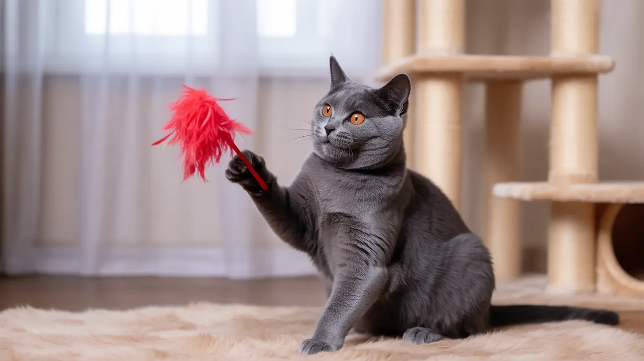 Gray British Shorthair cat indoors holding a red feather toy in its paw