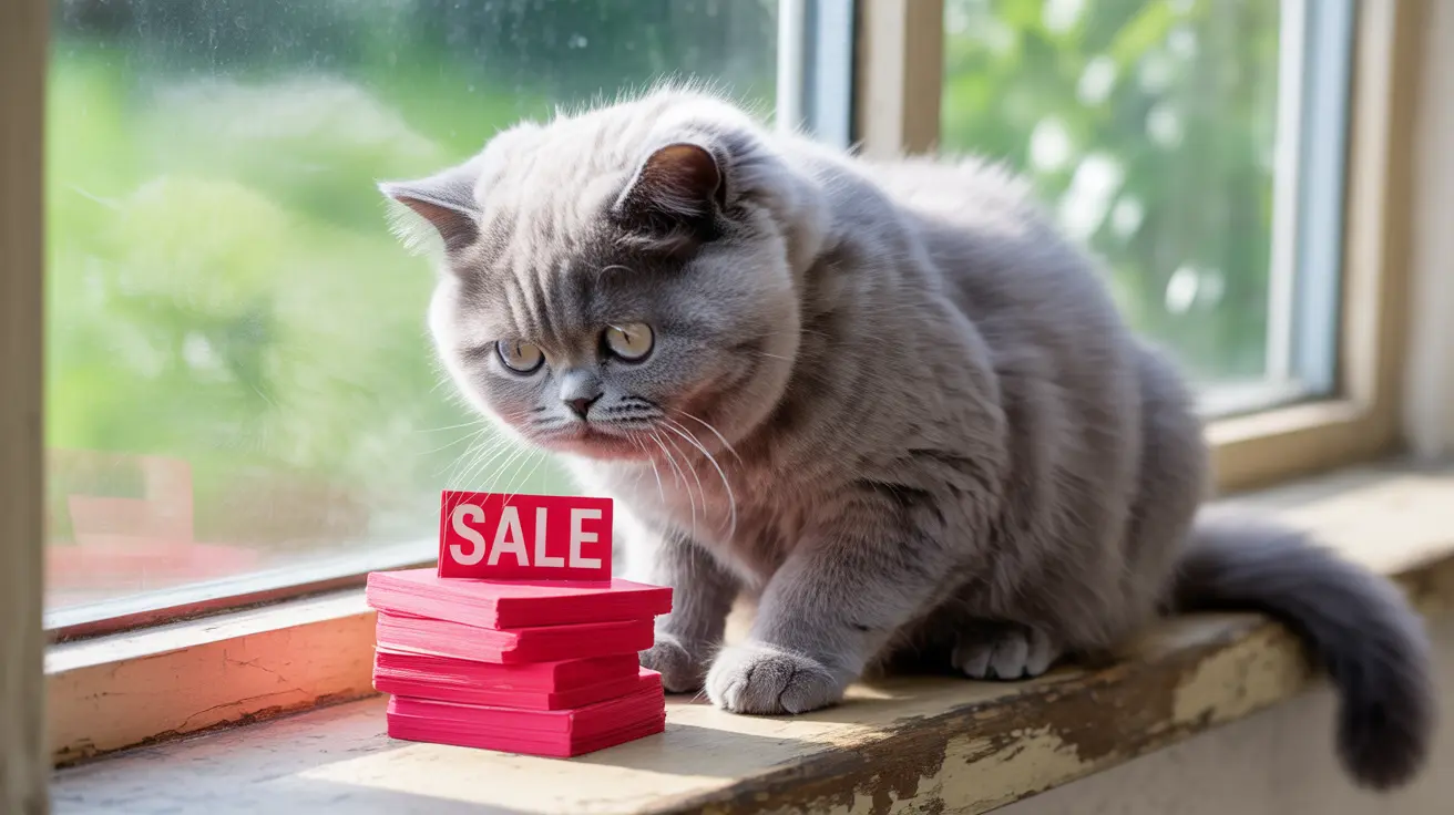 Gray British Shorthair cat next to a stack of red 'SALE' sticky notes on a windowsill