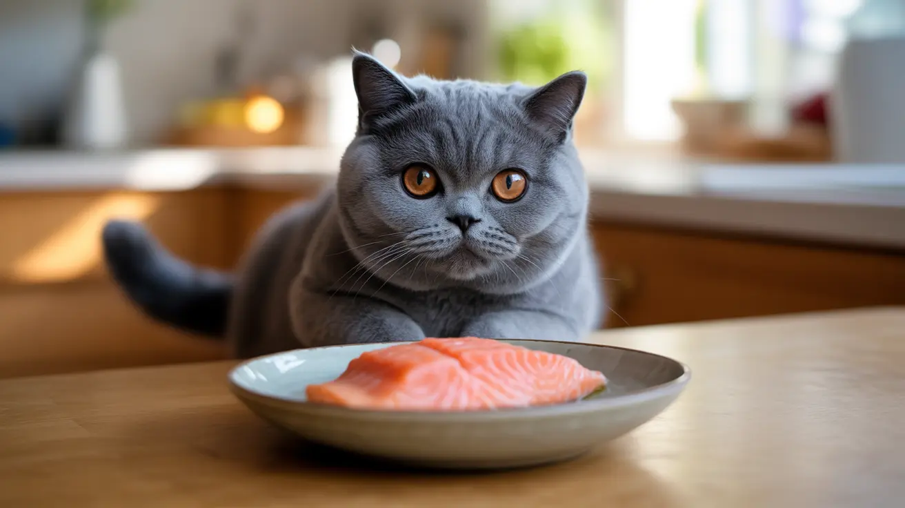 Gray British Shorthair cat sitting at kitchen table with a plate of salmon